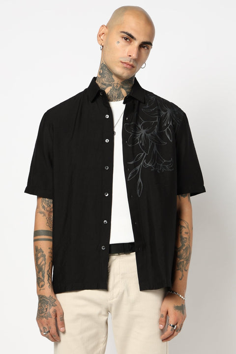 BLACK PLAIN HALF SLEEVE REALAXED FIT SHIRT-Shirt - 250631438