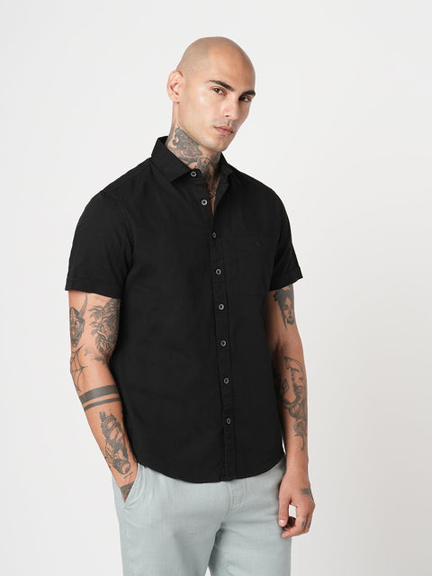 BLACK PLAIN HALF SLEEVE SHIRT-Shirt - 260134355