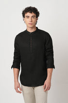 BLACK PLAIN MANDARIN COTTON KURTA - Kurta - 250932226