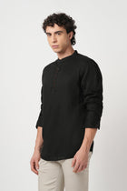 BLACK PLAIN MANDARIN COTTON KURTA - Kurta - 250932226