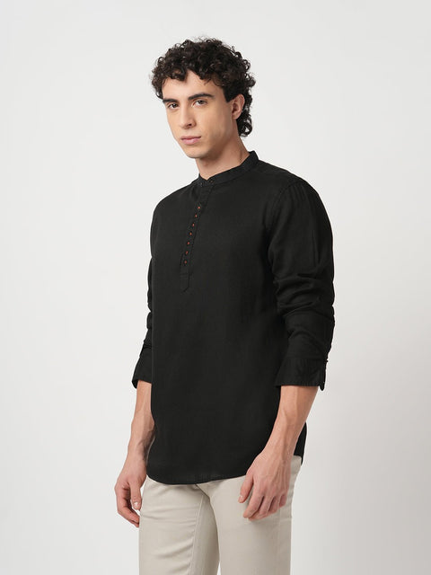 BLACK PLAIN MANDARIN COTTON KURTA - Kurta - 250932226