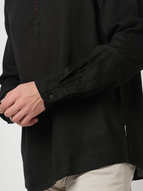 BLACK PLAIN MANDARIN COTTON KURTA - Kurta - 250932226