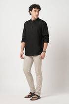 BLACK PLAIN MANDARIN COTTON KURTA - Kurta - 250932226