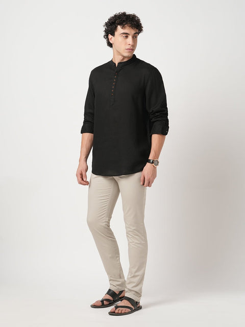 BLACK PLAIN MANDARIN COTTON KURTA - Kurta - 250932226