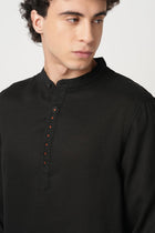BLACK PLAIN MANDARIN COTTON KURTA - Kurta - 250932226