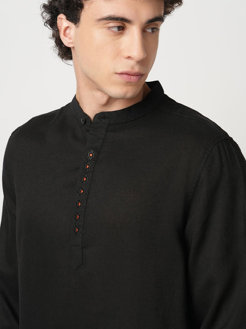 BLACK PLAIN MANDARIN COTTON KURTA - Kurta - 250932226