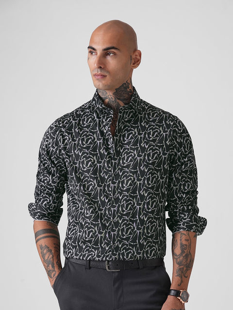 BLACK SATIN PRINT TAILORED SHIRT-Shirt - 251134121