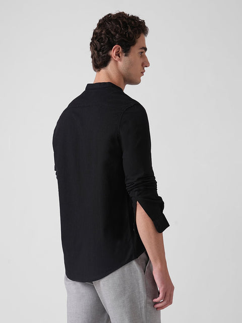 BLACK SLUB MANDARIN COLLAR COTTON SHIRT-Shirt - 260134736
