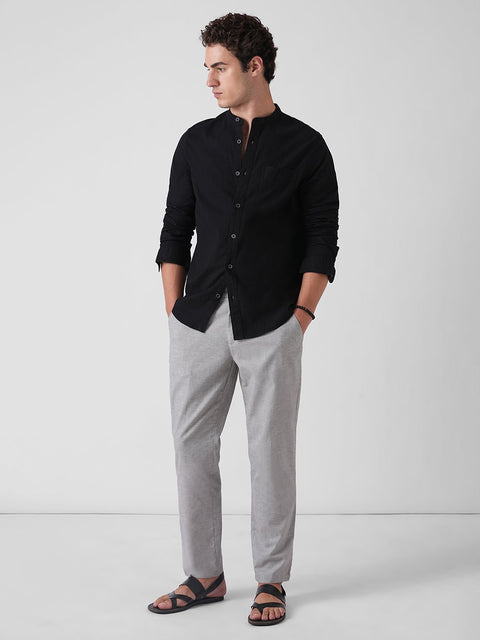 BLACK SLUB MANDARIN COLLAR COTTON SHIRT-Shirt - 260134736