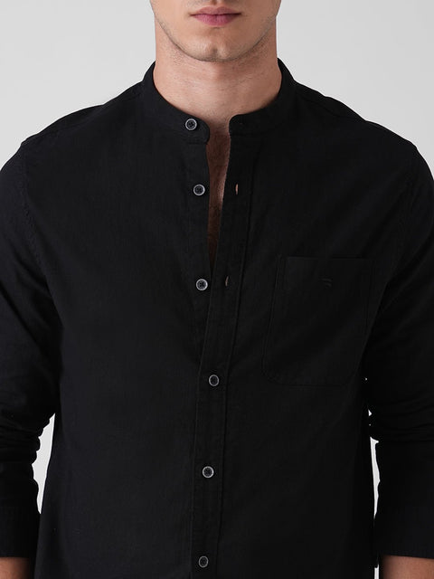 BLACK SLUB MANDARIN COLLAR COTTON SHIRT-Shirt - 260134736