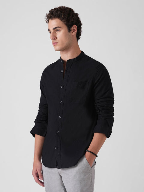 BLACK SLUB MANDARIN COLLAR COTTON SHIRT-Shirt - 260134736