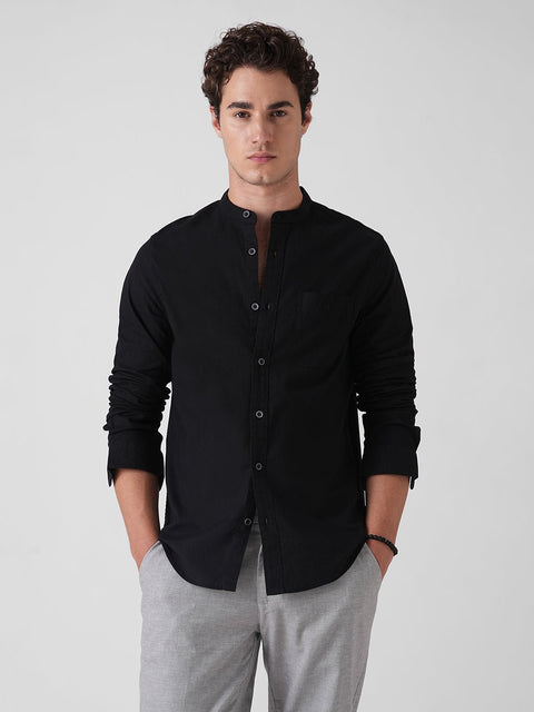 BLACK SLUB MANDARIN COLLAR COTTON SHIRT-Shirt - 260134736