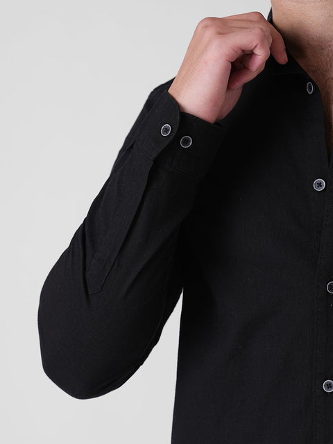 BLACK SLUB MANDARIN COLLAR COTTON SHIRT-Shirt - 260134736