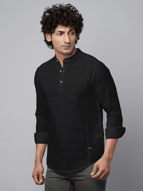 Black Solid Cotton Shirt Kurta - Kurta - 230925458