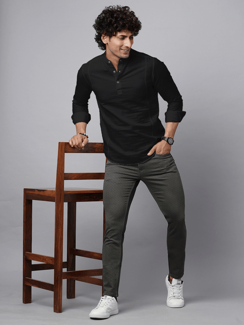 Black Solid Cotton Shirt Kurta - Kurta - 230925458