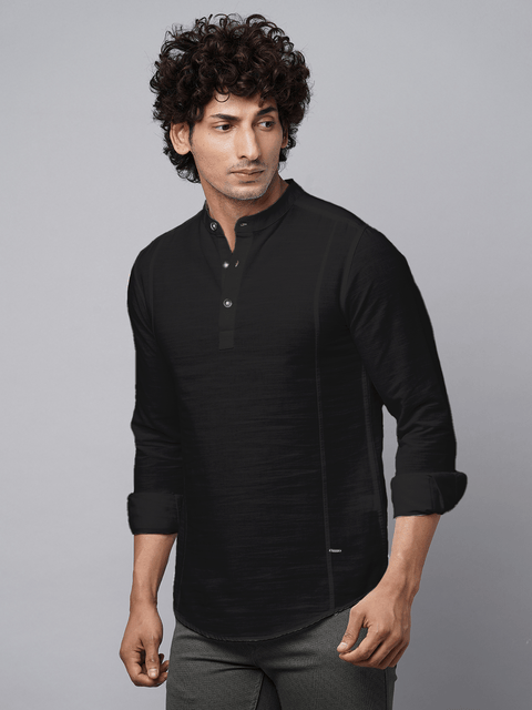 Black Solid Cotton Shirt Kurta - Kurta - 230925459