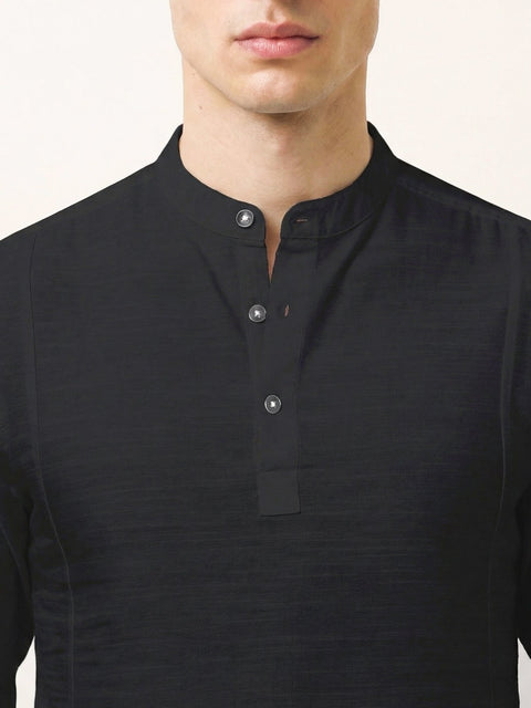 Black Solid Cotton Shirt Kurta - Kurta - 230925458