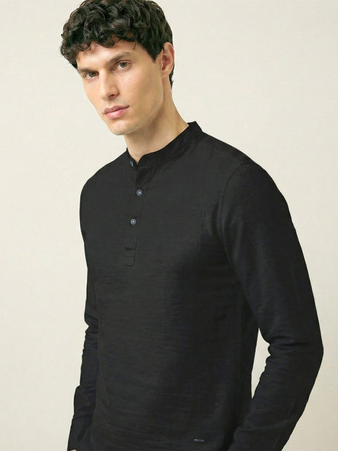 Black Solid Cotton Shirt Kurta - Kurta - 230925458