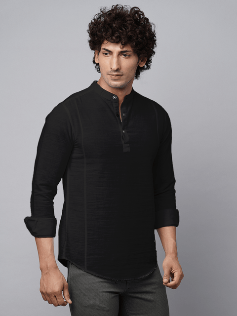 Black Solid Cotton Shirt Kurta - Kurta - 230925459