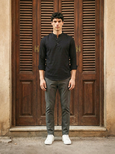 Black Solid Cotton Shirt Kurta - Kurta - 230925458