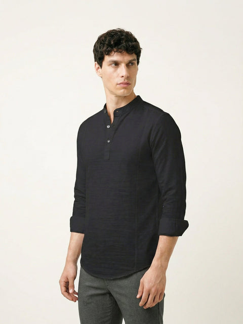 Black Solid Cotton Shirt Kurta - Kurta - 230925458
