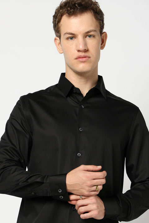 Black Solid Satin Shirt - Shirt - 250631582