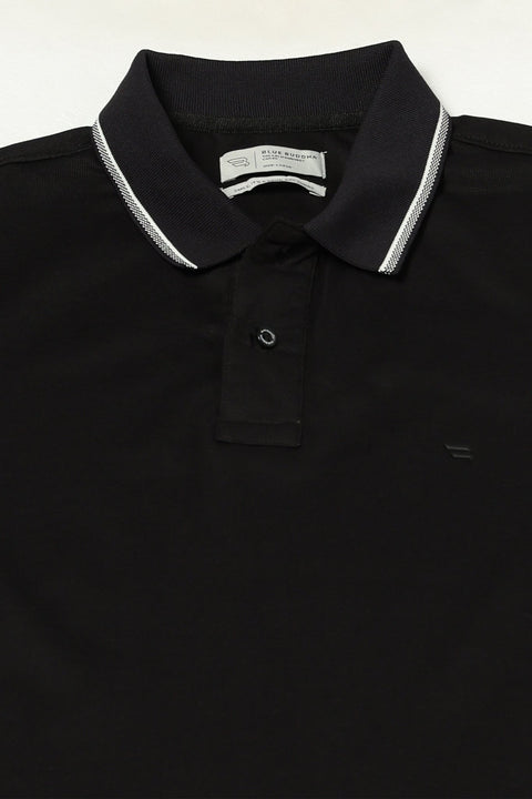 BLACK SOLID TIPPED COLLAR POLO - T Shirt - 2411301024