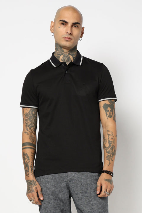 BLACK SOLID TIPPED COLLAR POLO - T Shirt - 2411301024