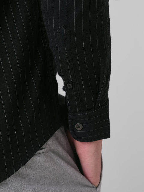 BLACK STRIPE MANDARIN COLLAR SHIRT-Shirt - 260134555