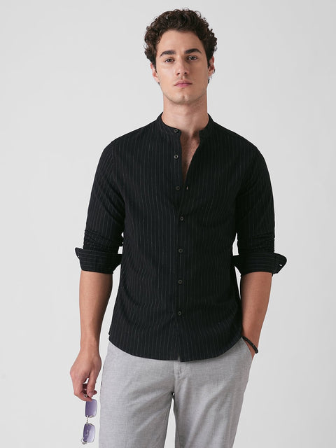BLACK STRIPE MANDARIN COLLAR SHIRT-Shirt - 260134555