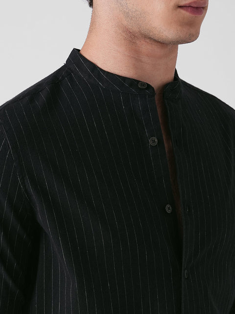 BLACK STRIPE MANDARIN COLLAR SHIRT-Shirt - 260134555
