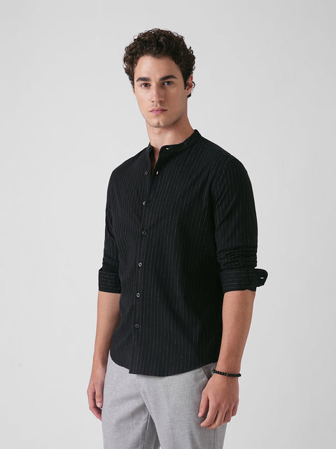 BLACK STRIPE MANDARIN COLLAR SHIRT-Shirt - 260134555