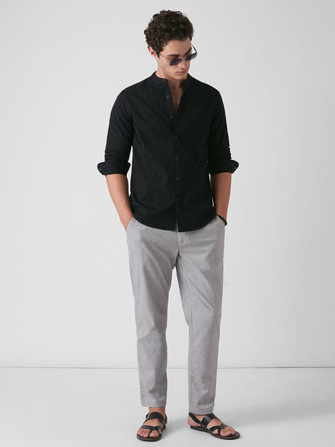 BLACK STRIPE MANDARIN COLLAR SHIRT-Shirt - 260134555