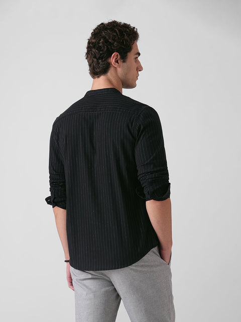 BLACK STRIPE MANDARIN COLLAR SHIRT-Shirt - 260134555