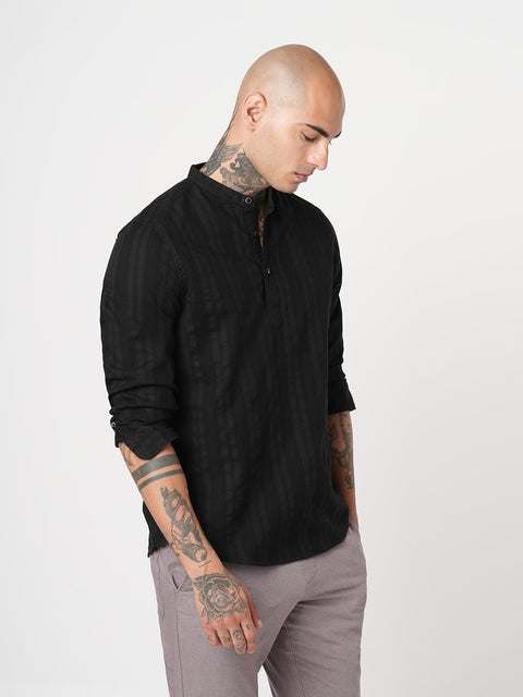 BLACK STRIPED DOBBY KURTA - Kurta - 251133901