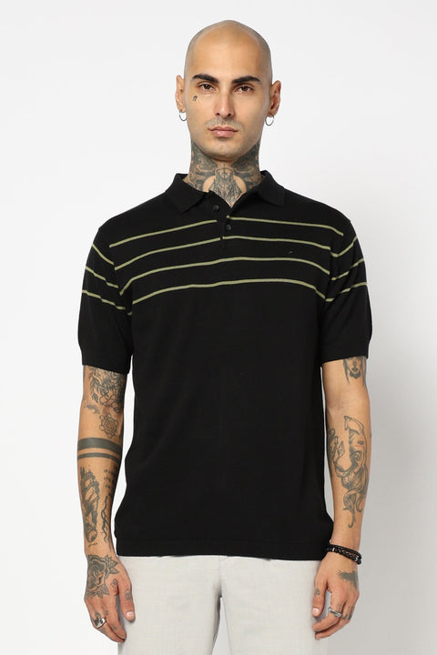 BLACK STRIPED FLATKNIT POLO - T Shirt - 250930850