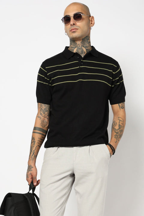 BLACK STRIPED FLATKNIT POLO - T Shirt - 250930850