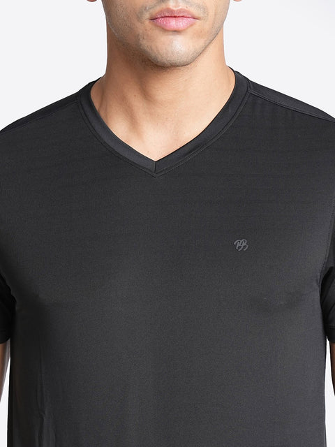 Black V Neck Solid T-shirt - T-Shirt - 230200068