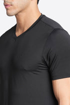 Black V Neck Solid T-shirt - T-Shirt - 230200068