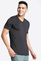 Black V Neck Solid T-shirt - T-Shirt - 230200068