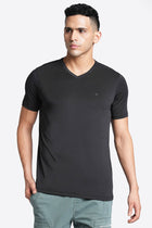 Black V Neck Solid T-shirt - T-Shirt - 230200068