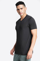 Black V Neck Solid T-shirt - T-Shirt - 230200068