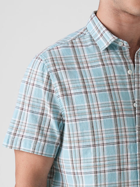 BLUE CHECKERED HALF SLEEVE SLUB SHIRT-Shirt - 260134935