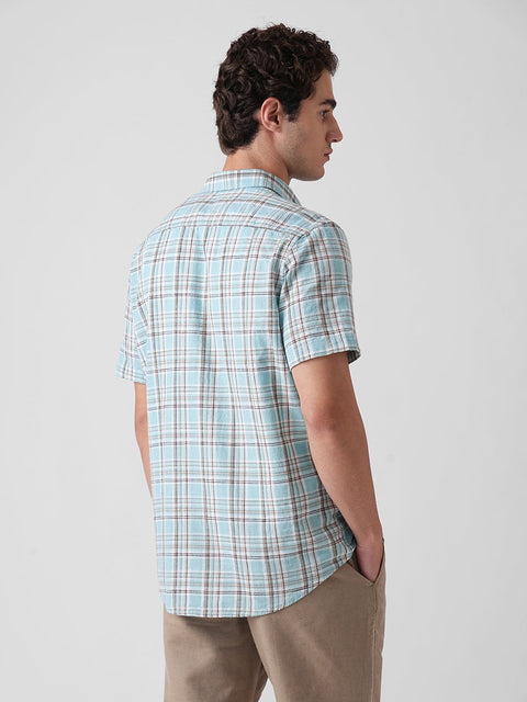 BLUE CHECKERED HALF SLEEVE SLUB SHIRT-Shirt - 260134935