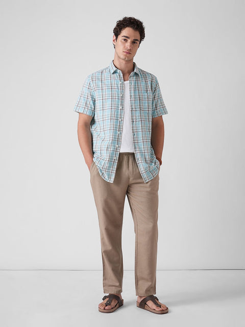 BLUE CHECKERED HALF SLEEVE SLUB SHIRT-Shirt - 260134935