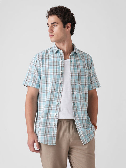 BLUE CHECKERED HALF SLEEVE SLUB SHIRT-Shirt - 260134935