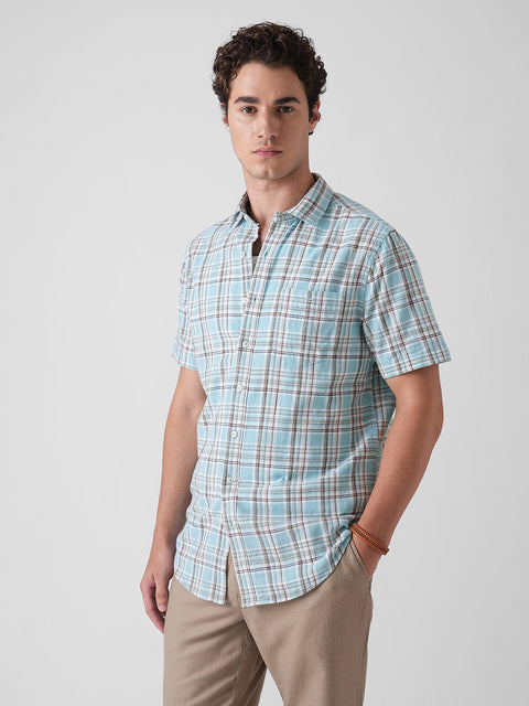 BLUE CHECKERED HALF SLEEVE SLUB SHIRT-Shirt - 260134935