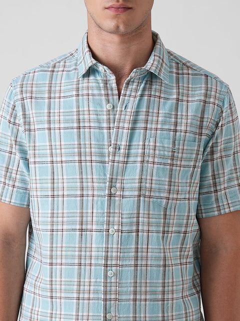 BLUE CHECKERED HALF SLEEVE SLUB SHIRT-Shirt - 260134935