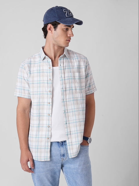 BLUE CHECKERED SLUB HALF SLEEVE SHIRT-Shirt - 260134741