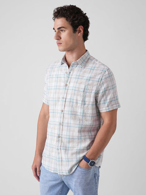 BLUE CHECKERED SLUB HALF SLEEVE SHIRT-Shirt - 260134741
